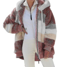 (S,Red)Women Colourblock Long Sleeve Hooded Teddy Bear Fleece Jacket Winter Warm Coat