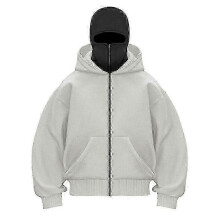 (L,gray)Y2K Gothic Harajuku Double Hat Design Sportswear Winter New Hoodie Ninja Mask Loose and Versatile Winter Windproof Hoodie