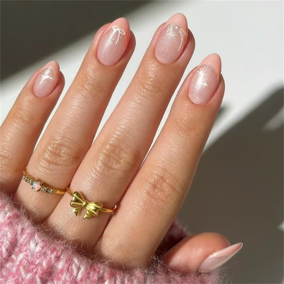 Short Almond Press On Nails with Bowknot Design and French Tip Glossy Finish, 24pcs Full Cover