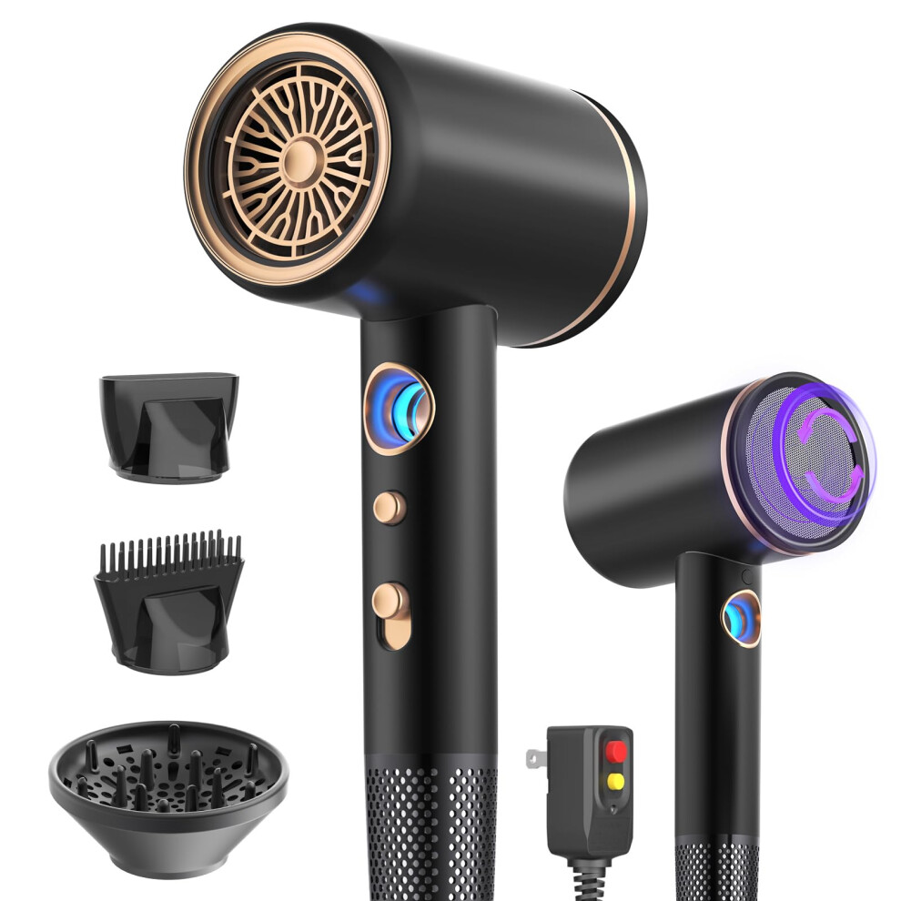 Professional Ionic Hair Dryer 1600W with Diffuser and Concentrator, Fast Dry, Low Noise, Cold Shot