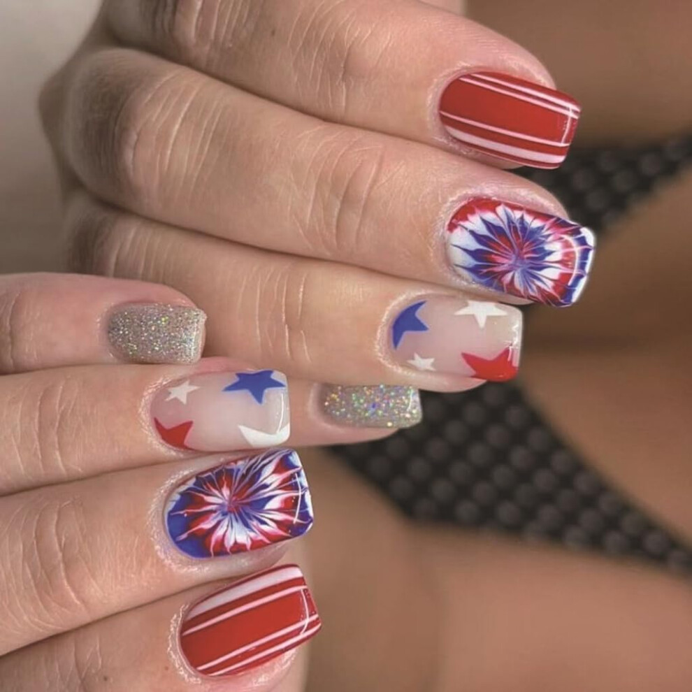 24pcs Patriotic Press On Nails False Nails with Star Designs for Fourth of July, Multiple Sizes