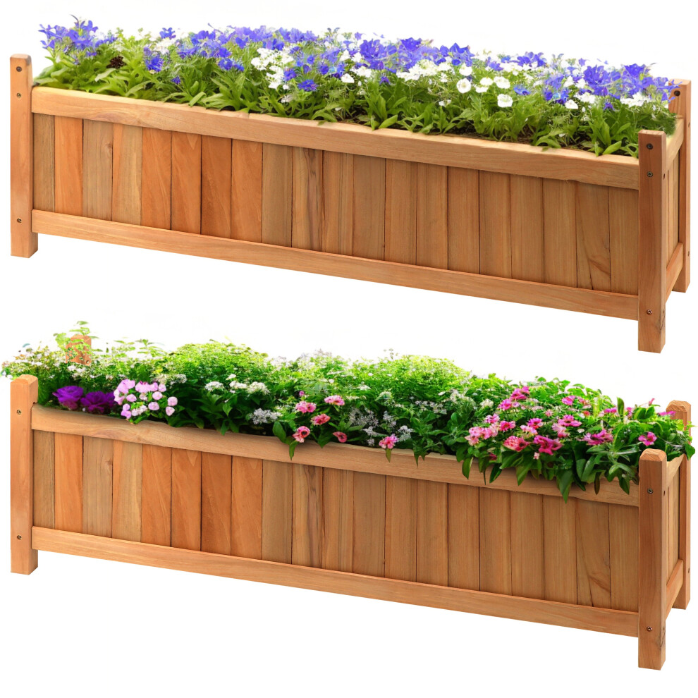 (2 x Large Rectangular Planters) GEEZY Set of 2 Wooden Garden Planters Flower Plant Pot Window Box Raised Bed Basket