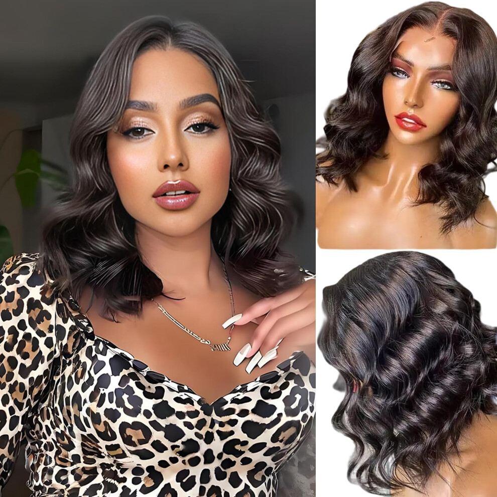 14 Inch HD Lace Front Bob Wig Black Body Wave, PrePlucked Hairline, 180% Density Synthetic