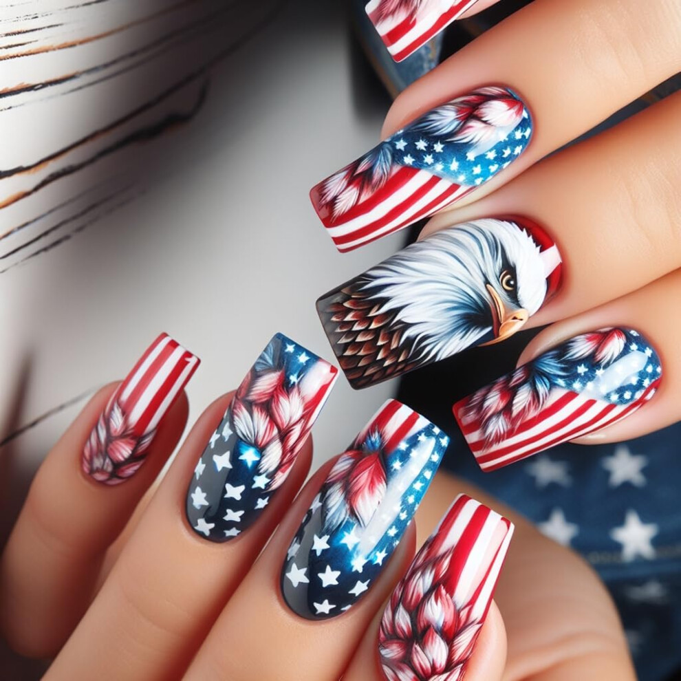 Patriotic Press On Nails 24pcs Star Design Artificial Nails for Independence Day Manicure