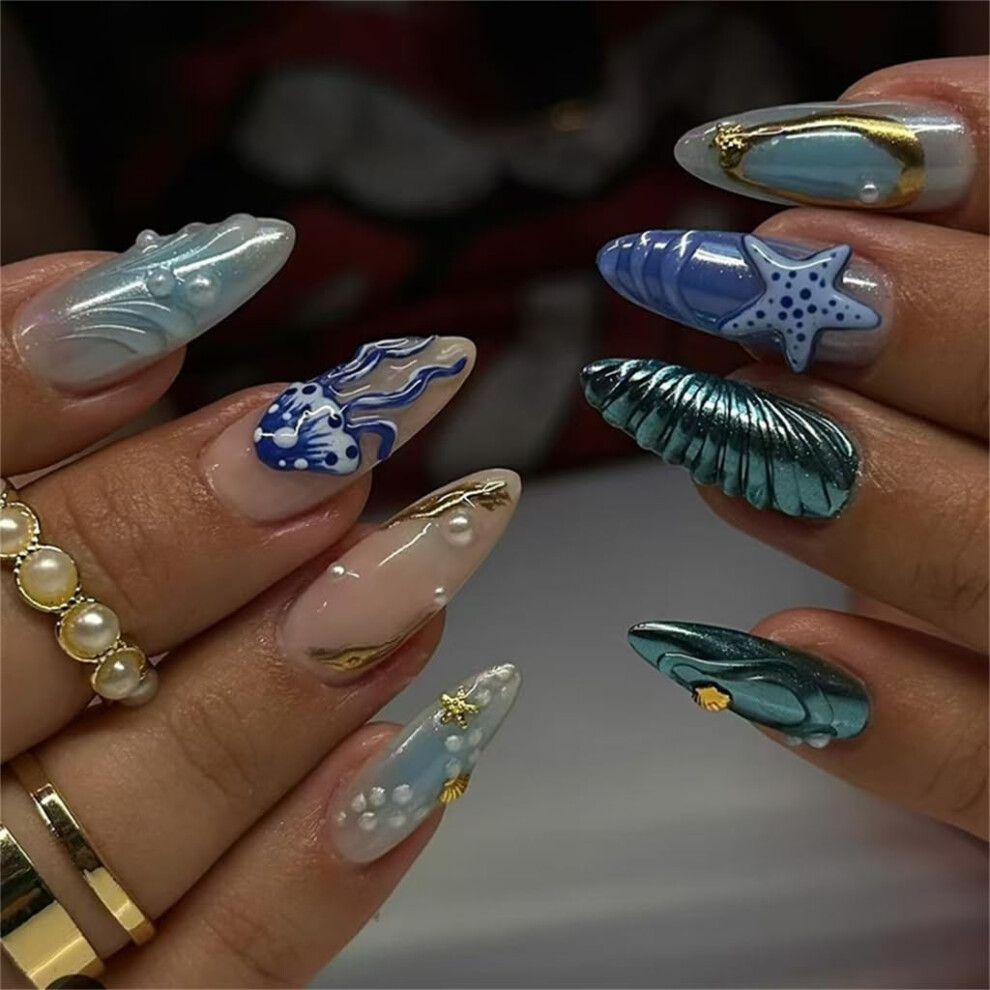 24 Pcs Almond Shaped Press On Nails Glossy Reusable False Nails Set with Star Jellyfish Design
