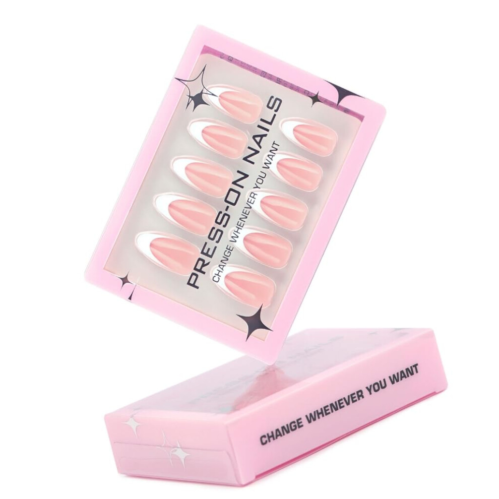 30Pcs Almond Press On Nails Set with French Tips, Glossy Finish and Nail Glue for Women