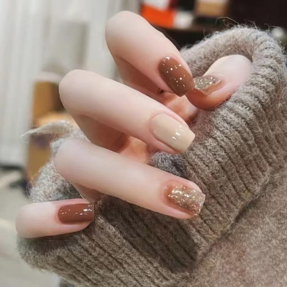 Short Square Press On Nails 24pcs Glitter False Nails Full Coverage Tips Sparkle Finish for Valentine's Day