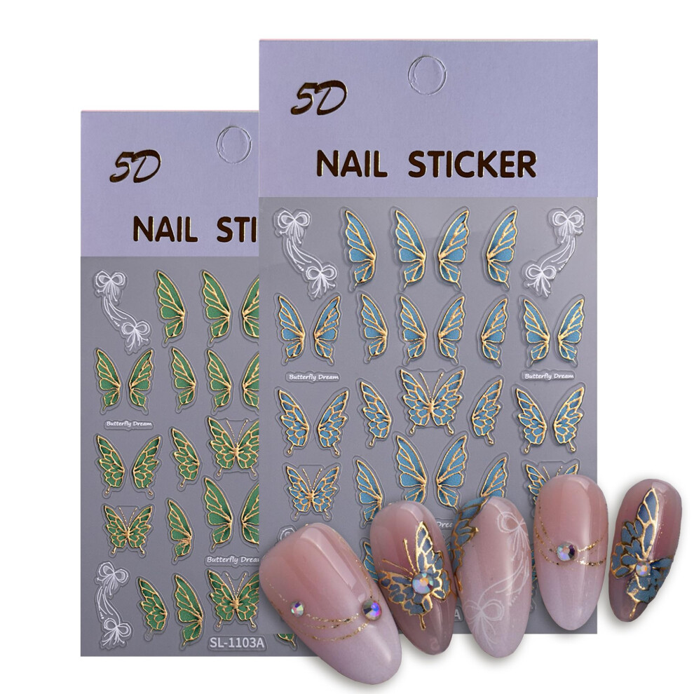 5D Butterfly Nail Art Stickers with Gold Edge Embossed Texture, SelfAdhesive Nail Decals for Spring