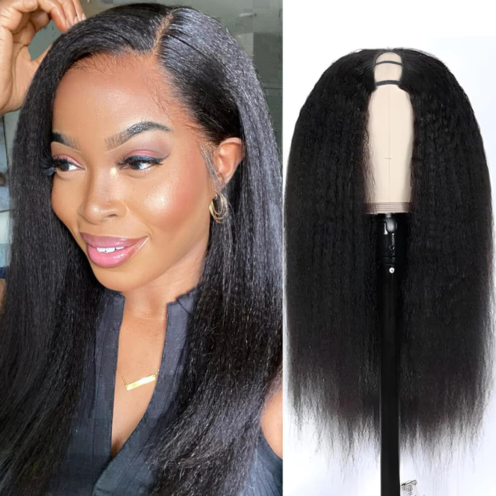Unisex 14 Inch Kinky Straight Human Hair U Part Wig Glueless Brazilian Yaki With Clips And Drawstring