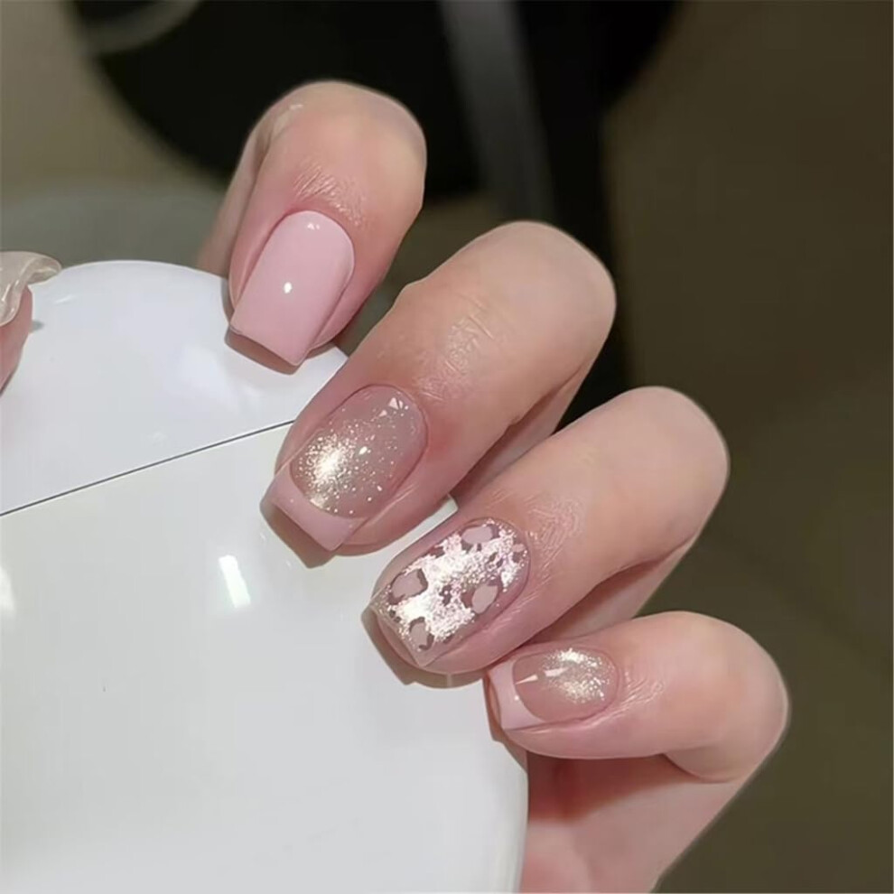 Cat Eye Press On Nails Set with Glitter Leopard Design, 24pcs Fake Nails for Parties