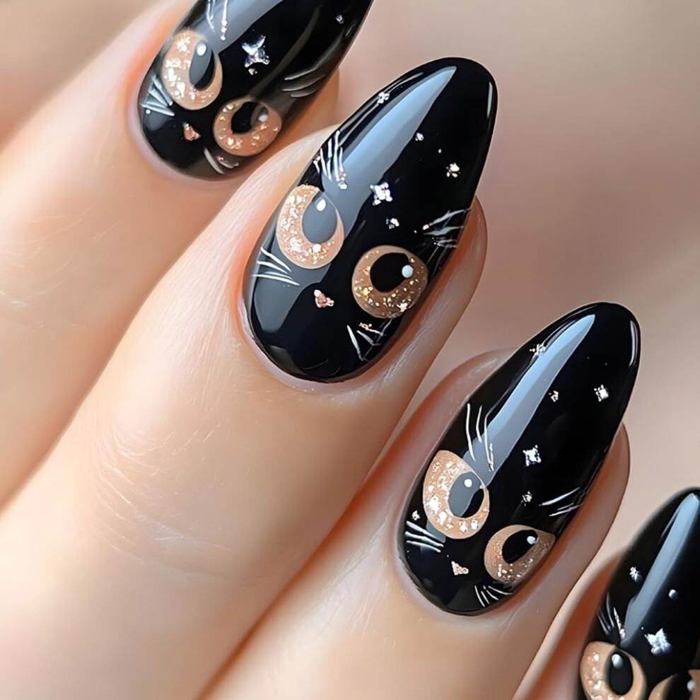 Black Medium Almond Press On Nails 24Pcs Glossy Cat Design False Nails For Halloween