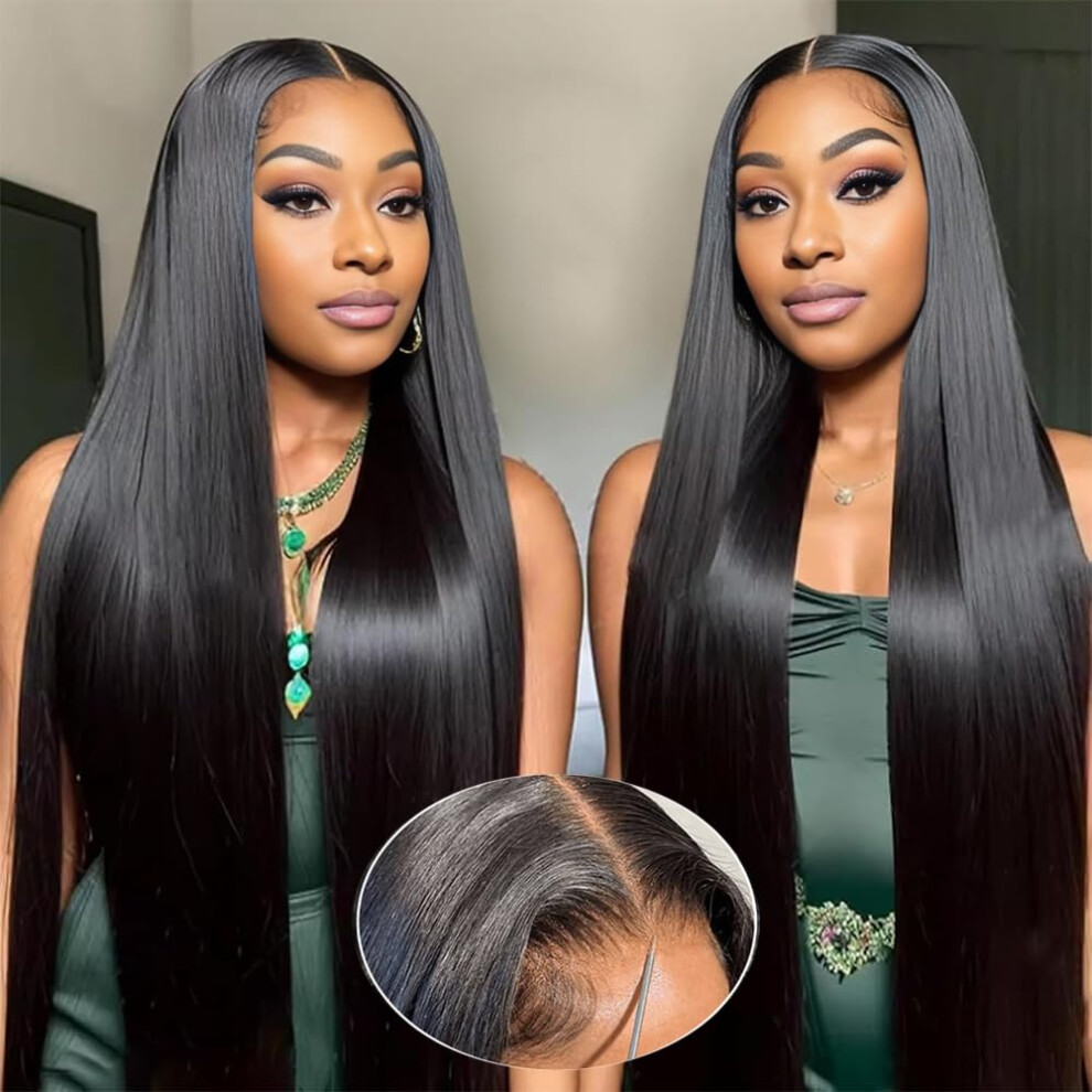 28 Inch Glueless Human Hair Lace Front Wig Pre Plucked Pre Cut 7x5 Natural Black Straight 220% Density
