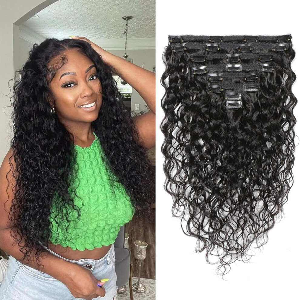 Unisex 20 Inch Water Wave Kinky Curly Clip In Remy Human Hair Extensions Double Weft Brazilian For Women