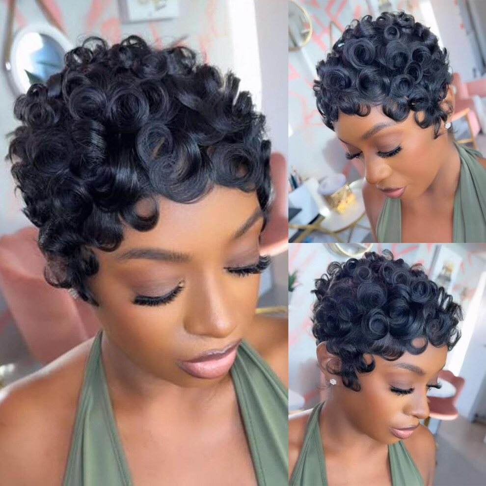 Unisex Black Human Hair Pixie Wig Short Curly Brazilian Virgin Glueless Cut With Bangs Natural