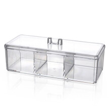 Moderne, elegant design, klare akrylbeholdere til kompakt opbevaring, tre rums design, transparent glaslignende krop til læbestift, negle