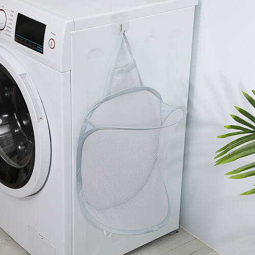 Hangable Laundry Hamper with Solid Bottom, Self-Adhesive Foldable Mesh Basket for Bathroom Bedroom, Stable and Firm Portable Clothes Storage Solution 1