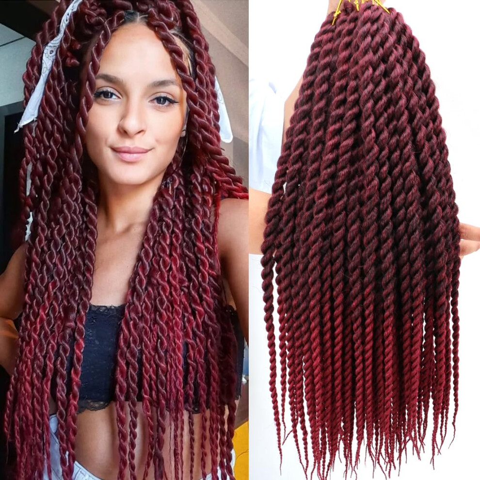 Unisex Red 18 Inch Ombre Burgundy Senegalese Twist Crochet Hair 6 Packs Prelooped Jumbo Havana Braids Extensions
