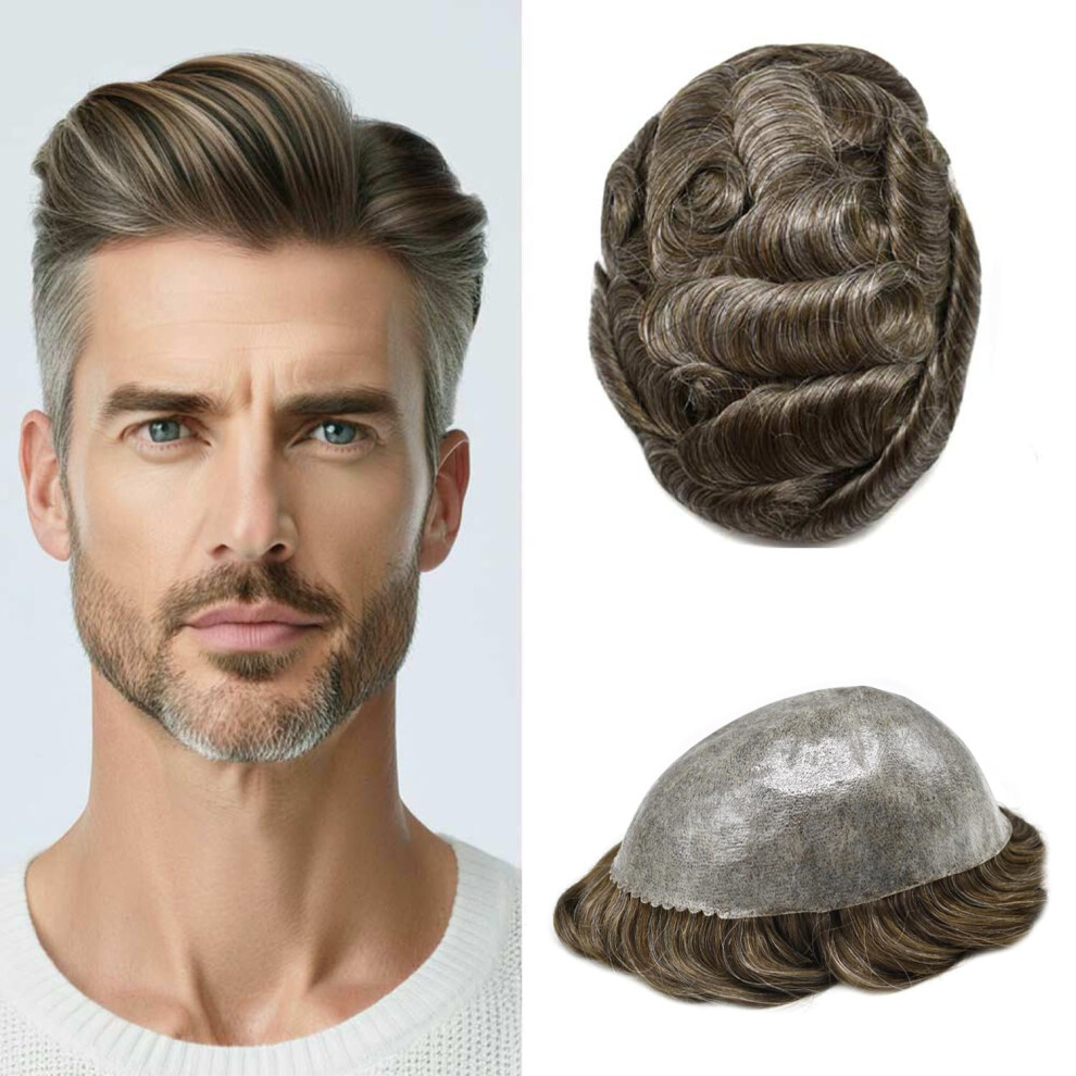 Unisex Brown,Grey Men's Toupee Full Poly Skin Hair Replacement System Pu Injection Hairpiece Human Hair 8X10 Medium Light Brown With 30% Grey