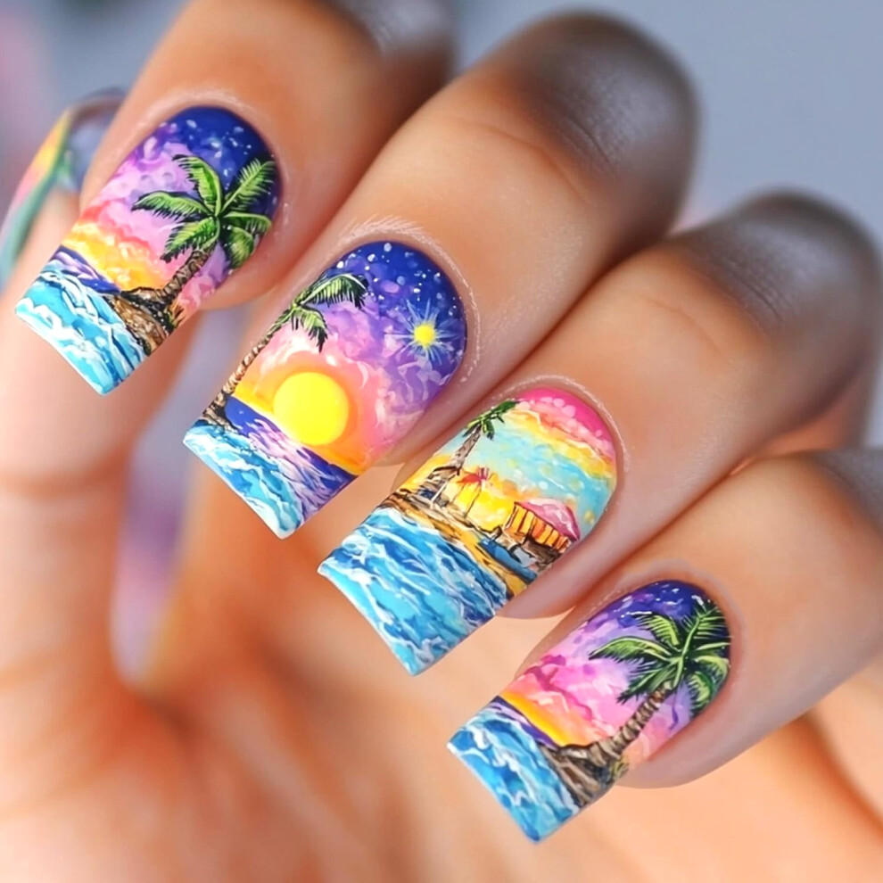 Press On Nails Medium Square Sunset Coconut Tree Design Glossy Reusable False Nails 24pcs