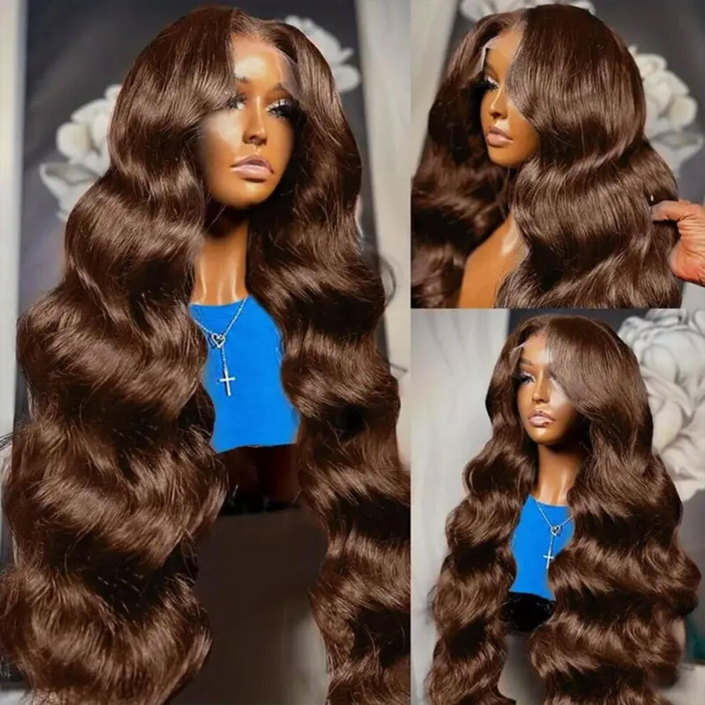 34 Inch Chocolate Brown Lace Front Wig Human Hair 13x6 HD Transparent PrePlucked Hairline