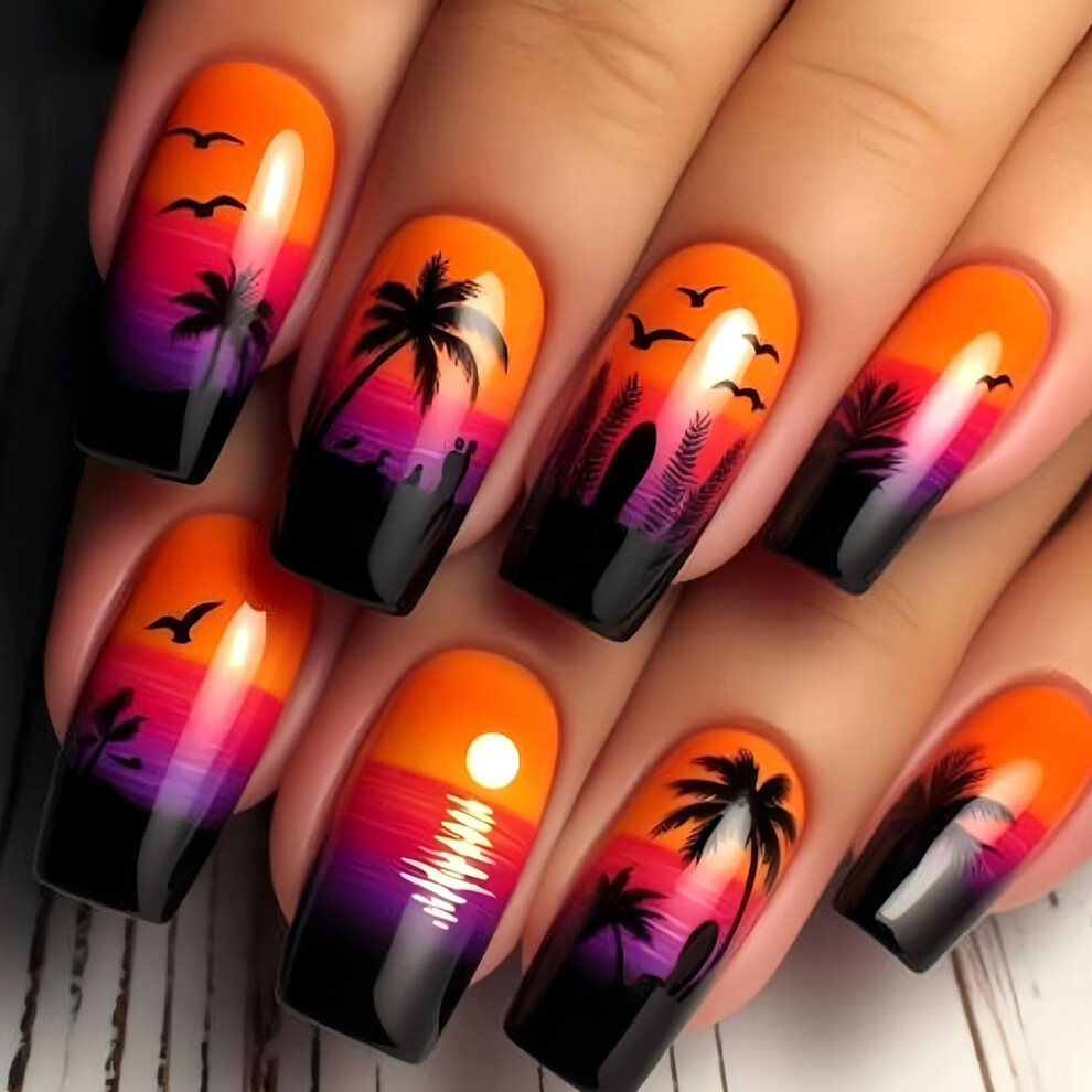 Gradient Press On Nails Glossy Square Medium Length Reusable Artificial Nails Coconut Sunset Design 24Pcs