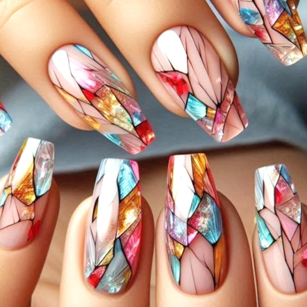Cream Press On Nails Nude Medium Ballet Shape With Glossy Geometric Design Reusable Coffin Fake Nails 24Pcs