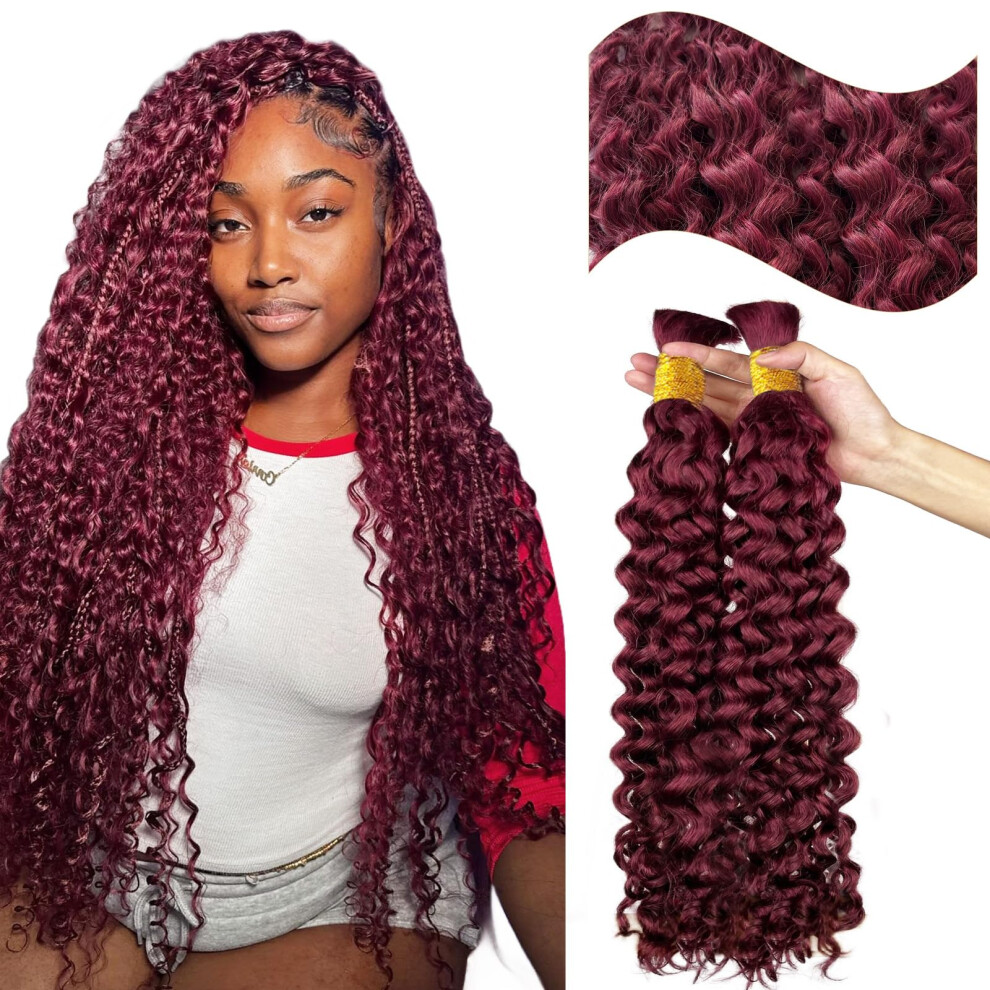 99j Burgundy Human Hair Braiding Bulk, Deep Water Wave, Knotless Boho Ready, 16 Inch No Weft