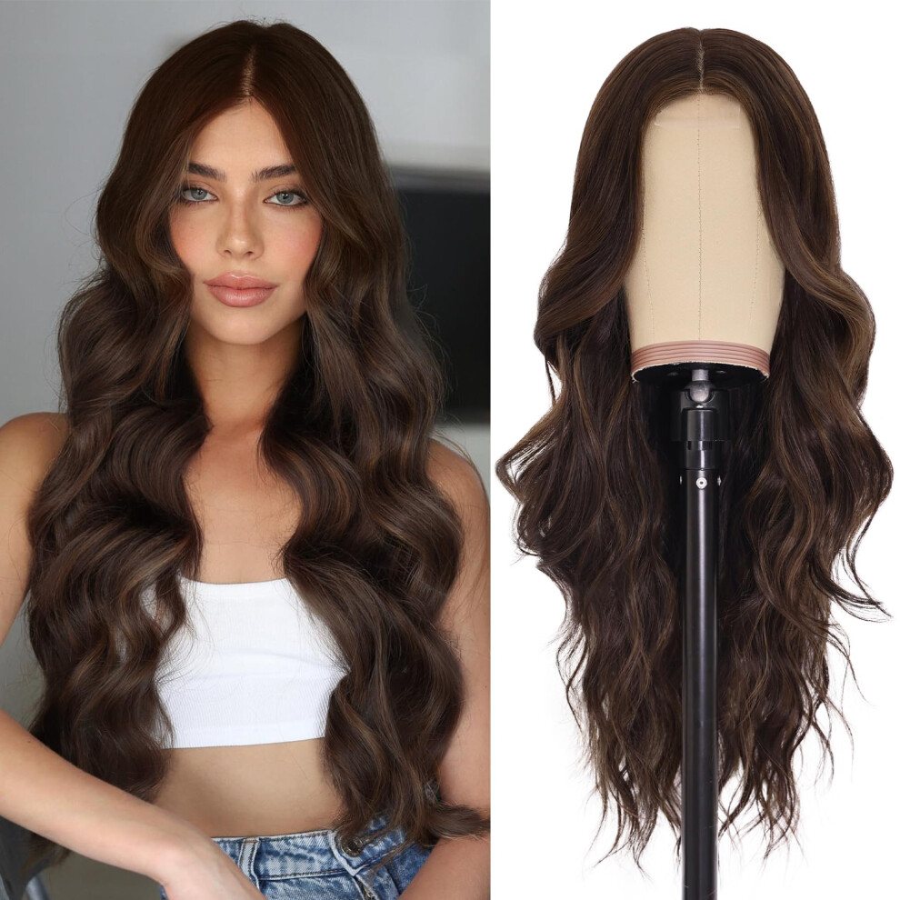 Long Wavy Wig 26 Inch Brown with Highlights Heat Resistant Synthetic Hair Natural Handtied Hairline