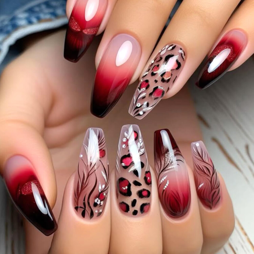 Red Leopard Animal Print Press On Nails Medium Coffin Fake Nails Reusable Stick On For Women