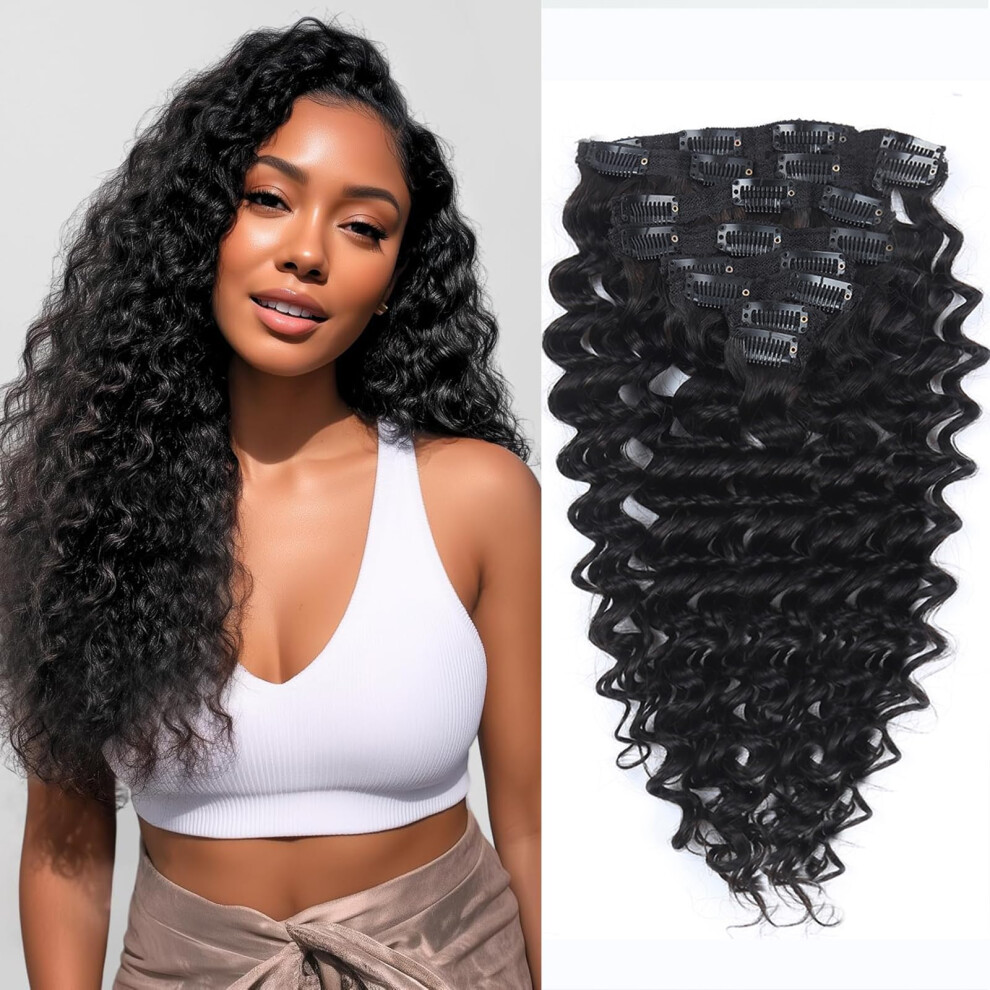 Unisex Black 18 Inch Curly Clip In Human Hair Extensions Brazilian Remy Double Weft Deep Wave Natural 8Pcs
