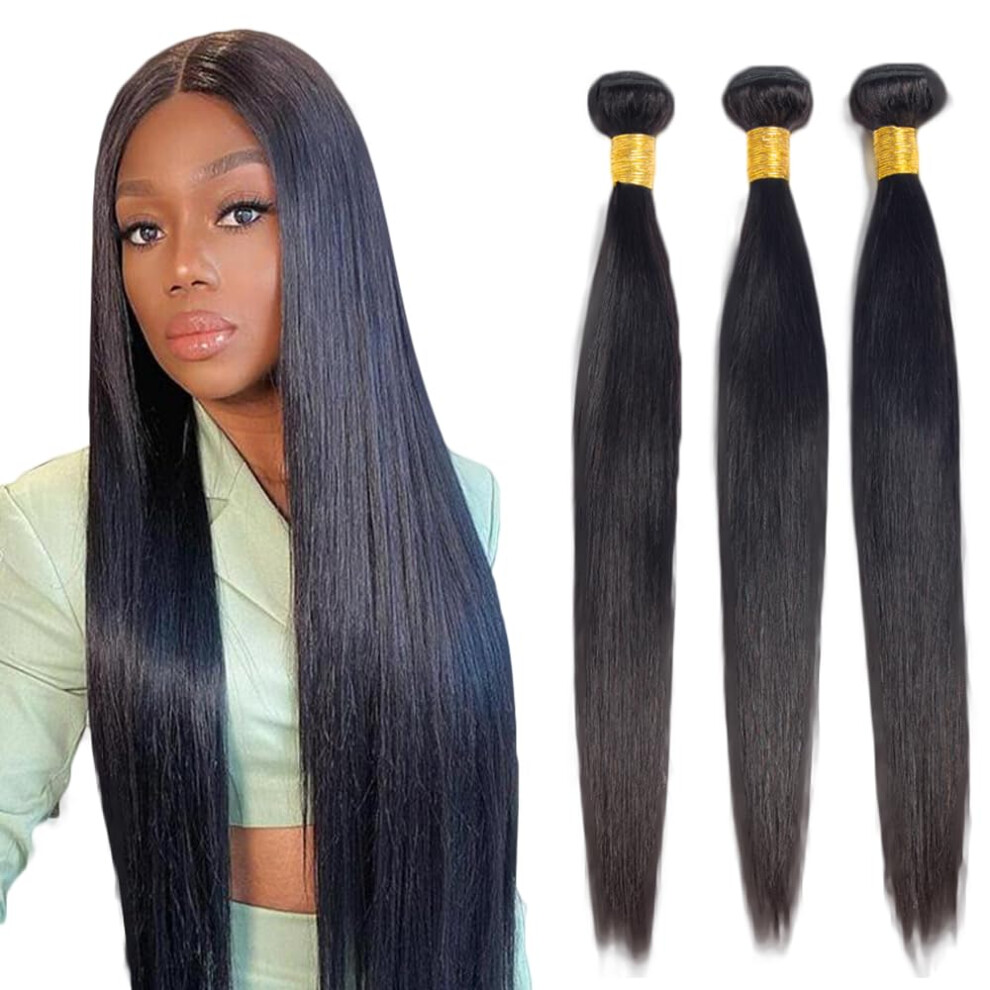 Unisex Black Brazilian Virgin Straight Hair Bundles 32 Inch #1B Natural Unprocessed Human Hair Extensions