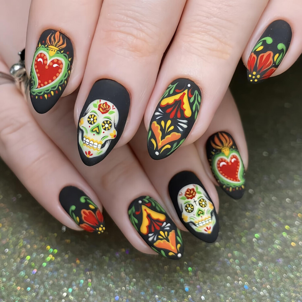 Halloween Press On Nails Almond Shape Skull and Heart Design Medium Glossy Fake Nails with Glue
