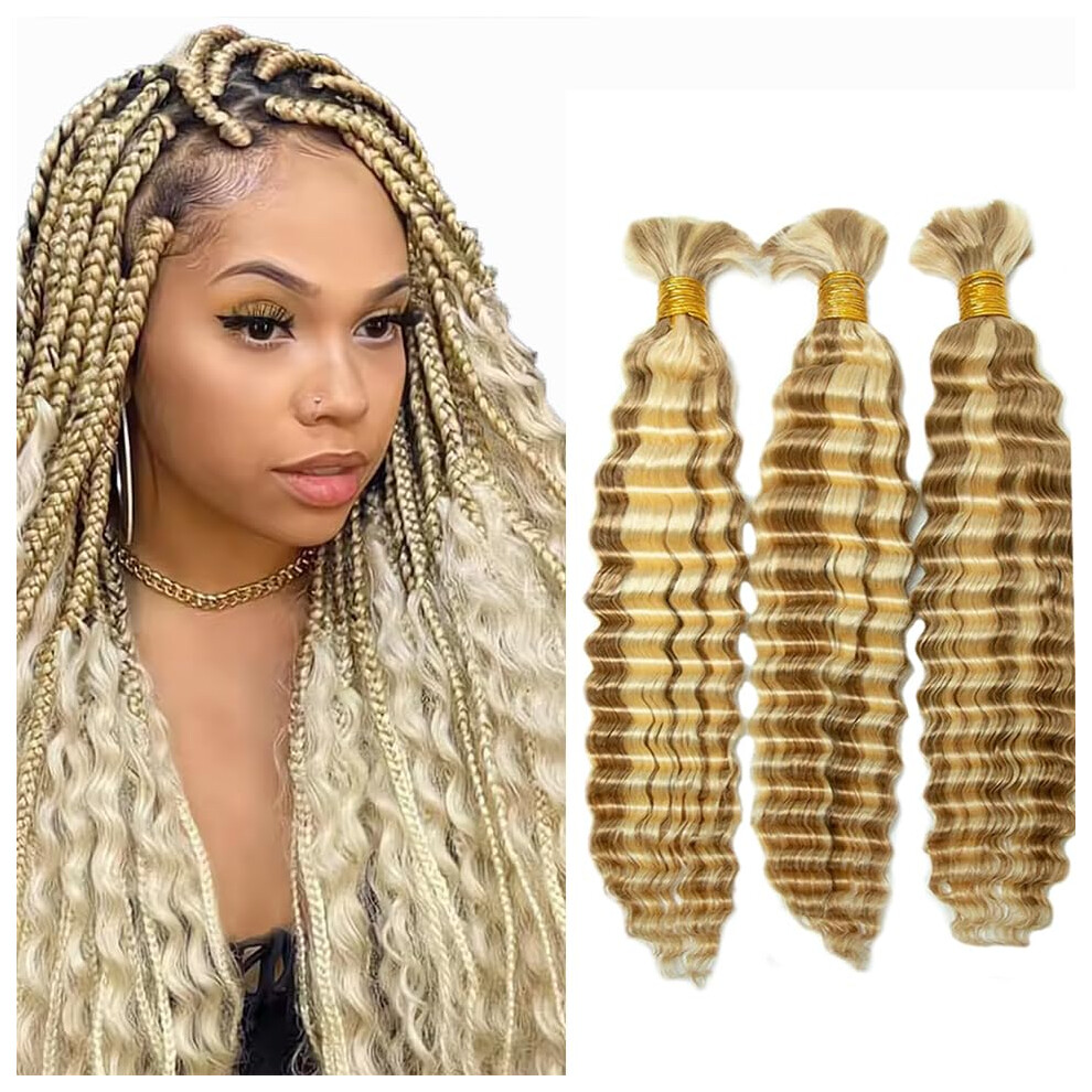 Unisex Blonde Human Braiding Hair P27/613 Highlight Deep Wave 30 Inch Brazilian Virgin Hair Extensions 3 Bundles
