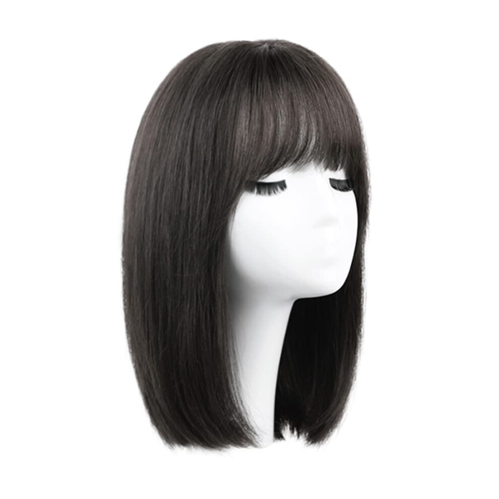 Short Black Straight Human Hair Wig with Bangs, Medium Length 15' Natural Texture Adjustable Cap
