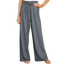 Wijde broek met elastische tailleband voor dames, losse pasvorm, hoge taille met verstelbare knoop, lichtgewicht stof met zakken.