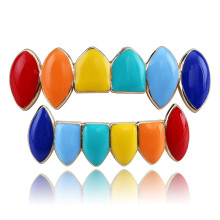 Tandheelkundige accessoires voor mannen en vrouwen, verguld regenboogstijl vampiertanden grillz set voor boven- en ondertanden, verstelbare hiphop