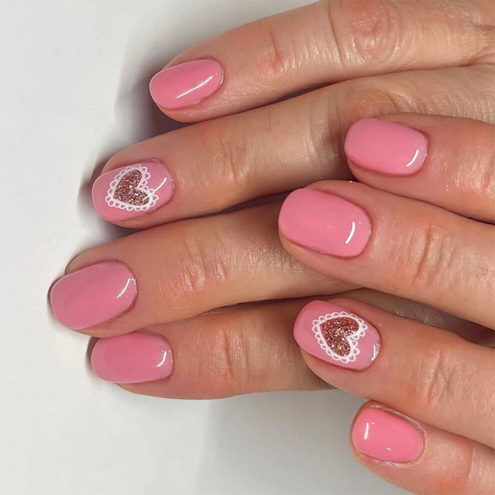 24 Pcs Short Square Press On Nails with Heart Glitter Acrylic for Valentines Day SalonStyle Finish