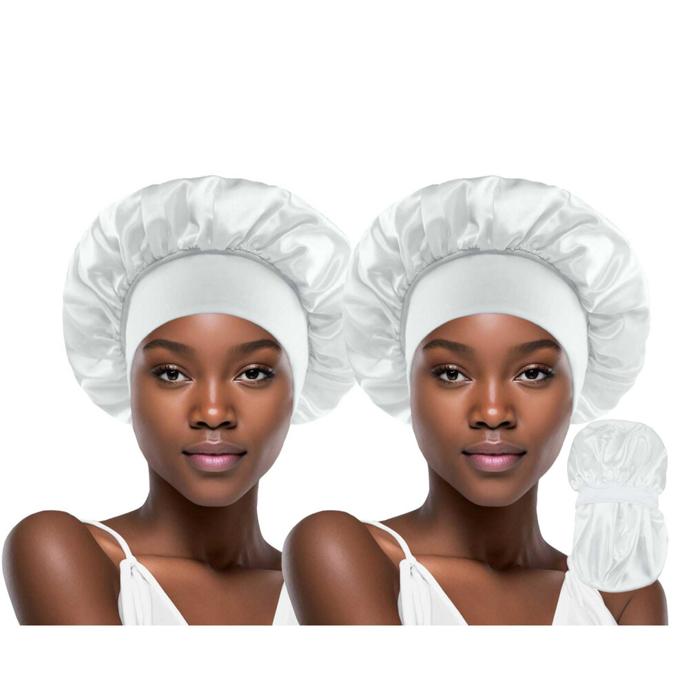 Unisex White 2 Pieces Silk Hair Bonnet For Sleeping Curly Braids, Large Satin Sleep Cap With Wide Band