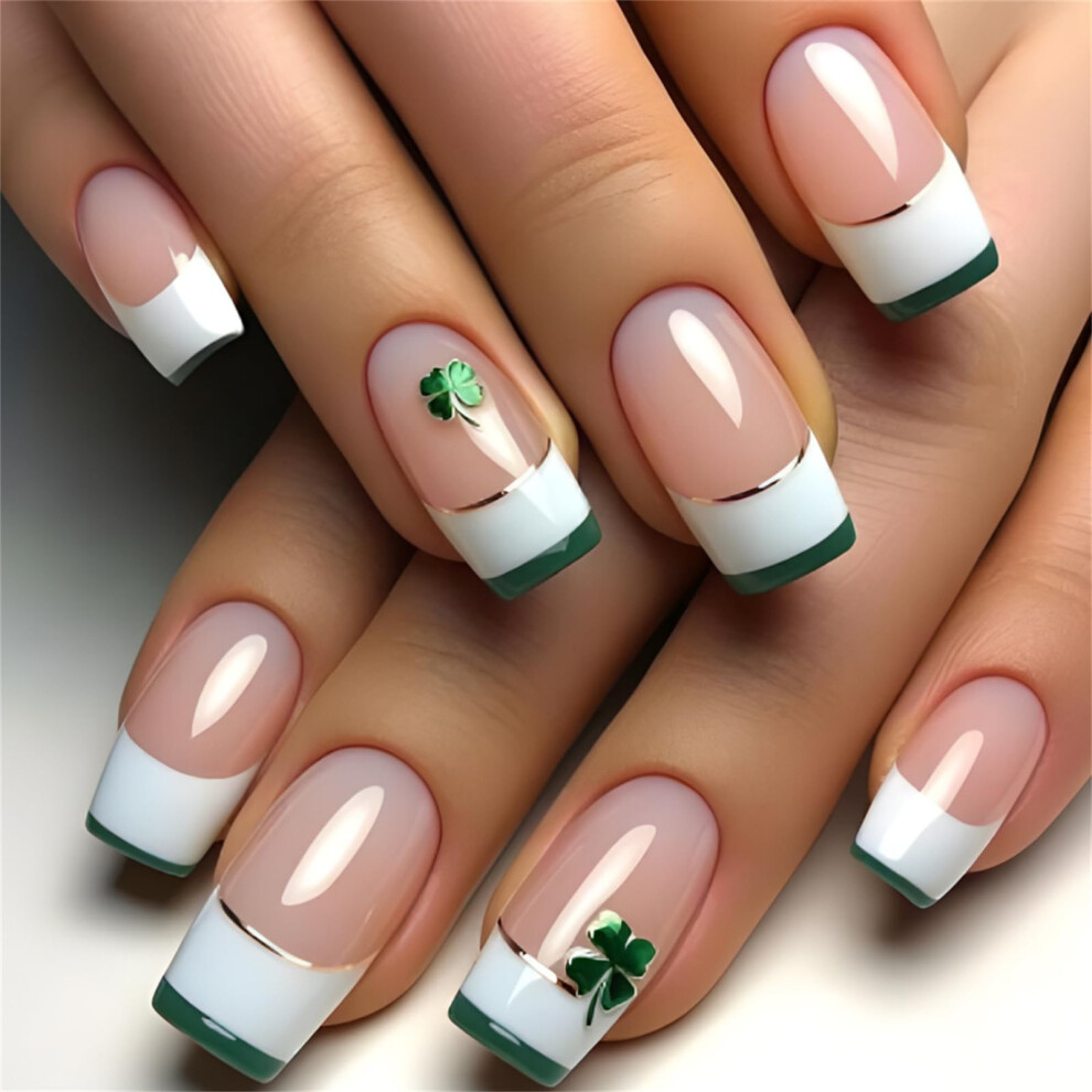 Green St Patrick's Day Shamrock Press On Nails Set With Square French Tips, 24Pcs Instant Manicure