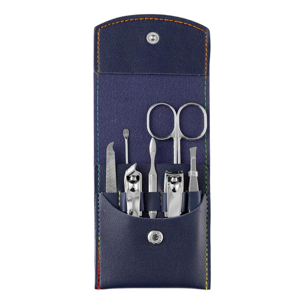 Blue 7 Piece Stainless Steel Manicure Set With Nail Clippers Kit For Travel Grooming And Facial Care,