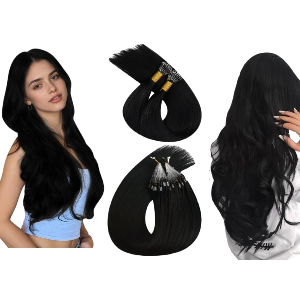 Unisex Black Remy Human Hair Microlink Extensions 20 Inch Nano Bead Seamless Natural Shine 2 Pack