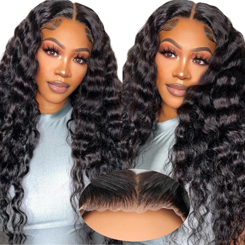 Unisex 26 Inch Deep Wave Human Hair Lace Front Wig Glueless Pre Plucked 220% Density Bleached Knots