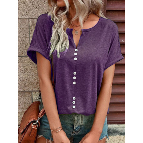 Γυναικείο T-shirt με V λαιμόκοψη και κουμπιά μπροστά, casual καλοκαιρινό μπλουζάκι με 2