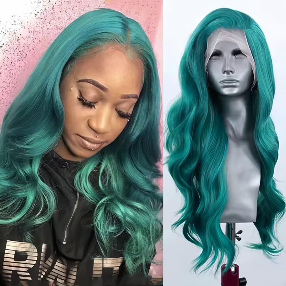 Unisex Green Teal Lace Front Wig Long Wavy 13X4 Synthetic Body Wave With Natural Hairline 150 Density