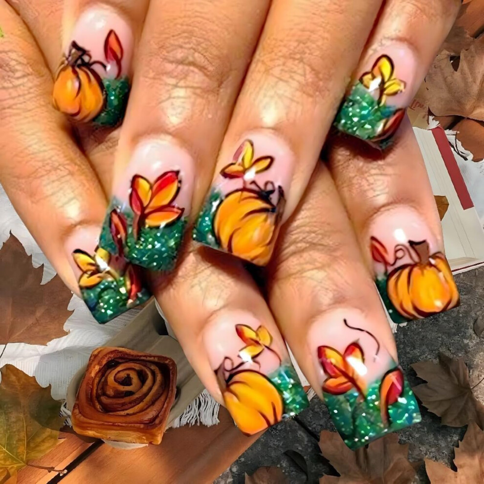 Short Square Press On Nails with Glossy Pumpkin Leaf Design, Thanksgiving Glitter Fake Nails Set
