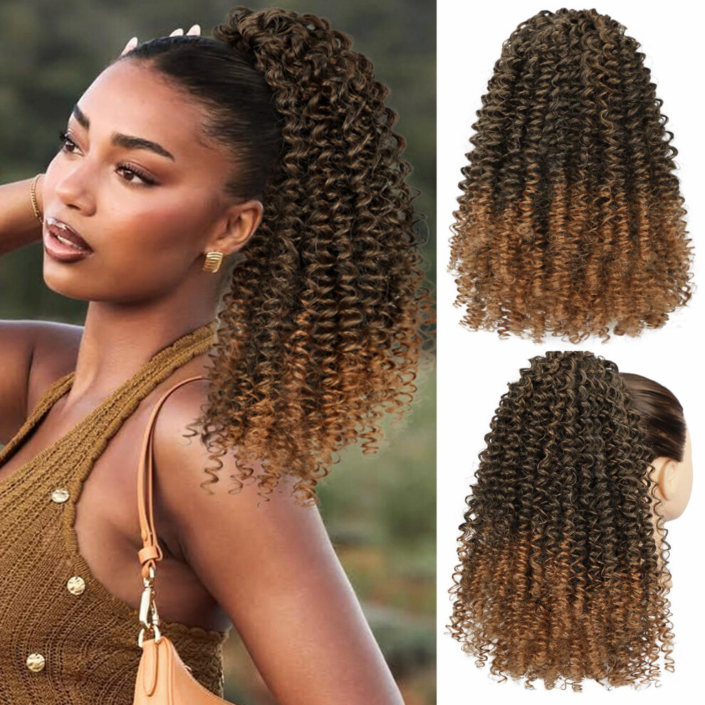 Unisex Brown 14 Inch Ombre Caramel Afro Kinky Curly Drawstring Ponytail Extension For Instant Volume Boost