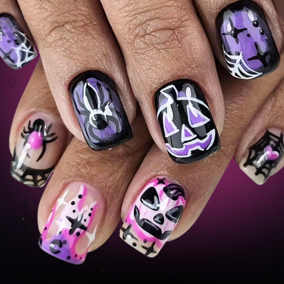 Halloween Press on Nails Short Square Fake Nails with Designs for Women 24Pcs with Glue and Tools
