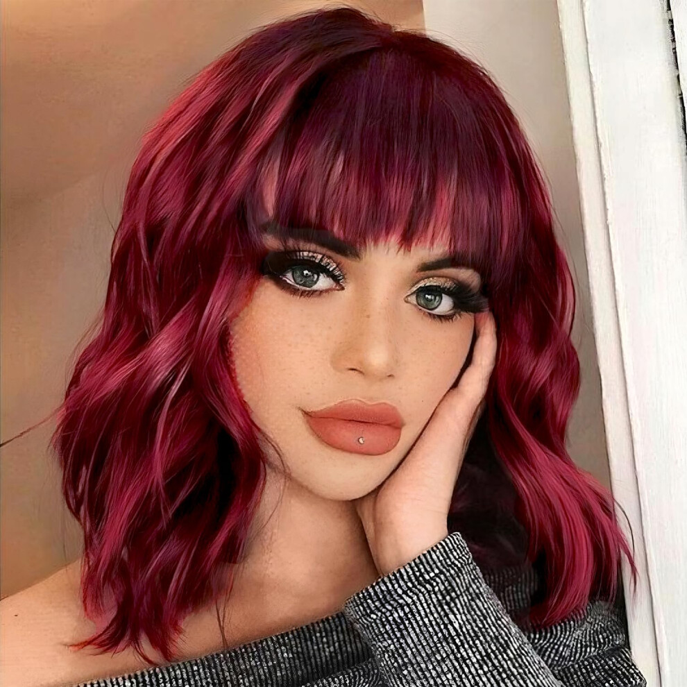 Red Burgundy Curly Shoulder Length Wig with Bangs, Heat Resistant Synthetic Hair for Women
