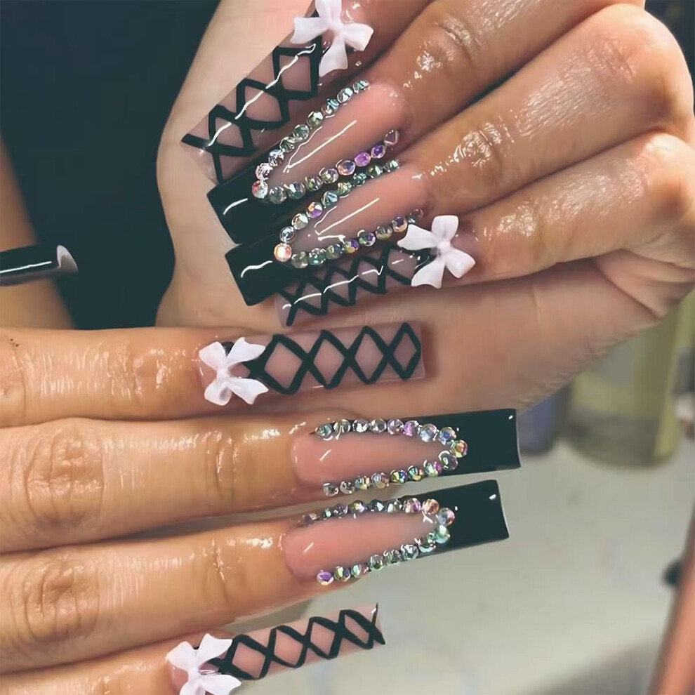 Long Square Press On Nails Glossy Full Cover Fake Nails 24 Pcs Stick On Set for Women Style08