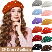 Perle Beret Hat Fransk Style Beanie Cap Ensfarvet Vinterhue til Kvinder og Piger Afslappet Brug